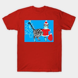 Santa Paws Tabby Cat Christmas Drawing Blue T-Shirt